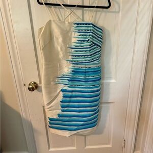 Per Se Ivory Dress with Teal and Blue Stripe Accent